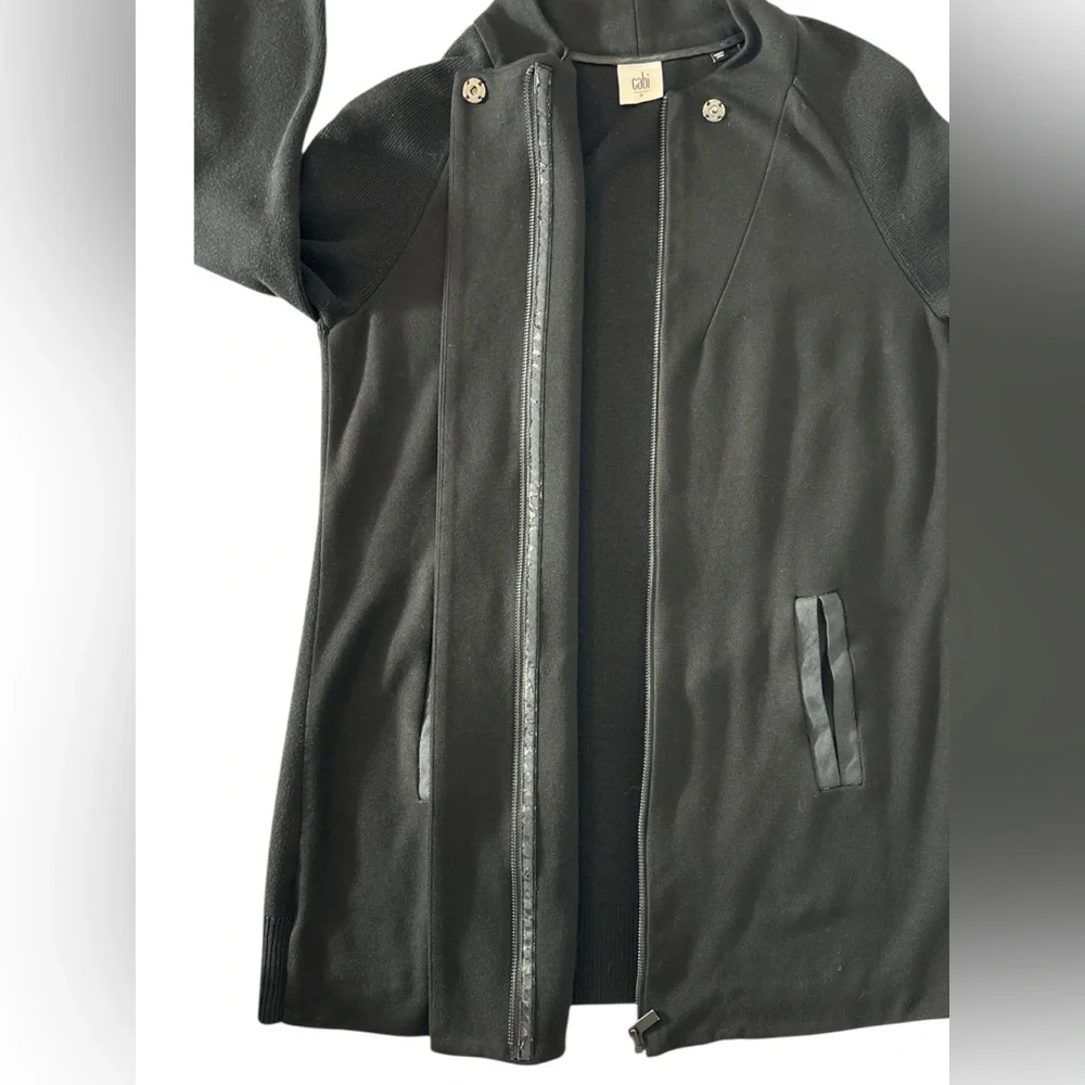 Cabi 3351 Tailor Ponte Knit Full Zip Coat in Black with faux leather trim Sz S